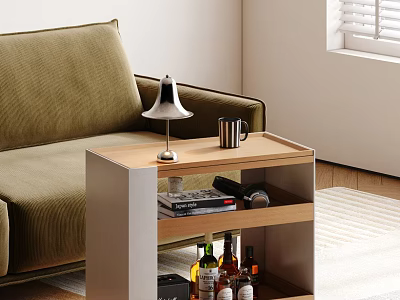 Wooden Side Table With Table Lamp Mug Books And Wine Bottles By Green Sofa 3d model
