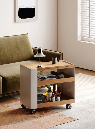 Wooden Side Table With Table Lamp Mug Books And Wine Bottles By Green Sofa 3d model