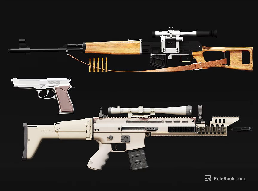 Various Firearms Collection Featuring Wooden Stock Rifle Silver Pistol and Modern Scope Equipped Weapon 3d model 