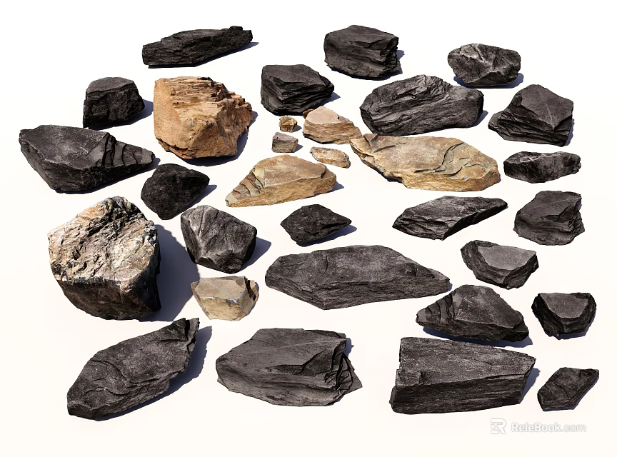 Pile Of Mixed Natural Stones And Wood Pieces With Various Sizes And Textures 3d model 