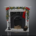 Christmas Decorated Fireplace with Marble Mantel Green Garland Red Bows Gold Ornaments Red Stocking and Firewood