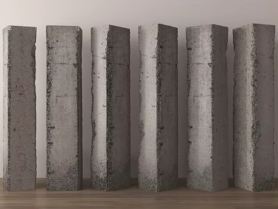Six Gray Concrete Columns With Textured Surface On Wooden Floor White Wall 3d model