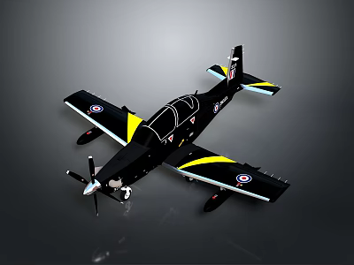 Black Single Engine Airplane With Yellow White Stripes Propeller And Wing Badges 3d model