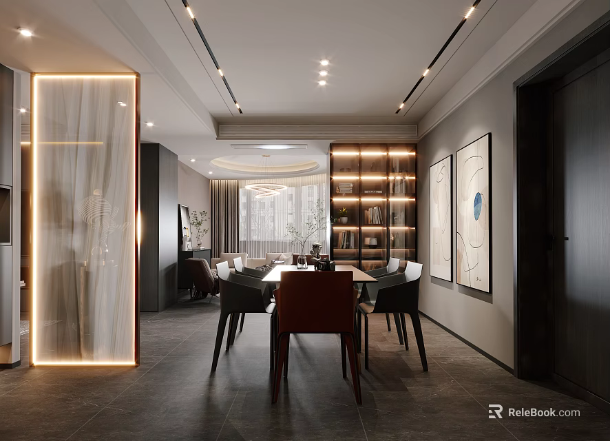 Modern Dining Living Room Interior Design With Table Chairs Ceiling Light Bookshelf And Decorative Paintings 3d model 