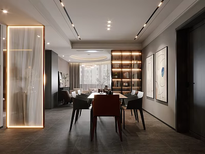 Modern Dining Living Room Interior Design With Table Chairs Ceiling Light Bookshelf And Decorative Paintings 3d model