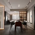 Modern Dining Living Room Interior Design With Table Chairs Ceiling Light Bookshelf And Decorative Paintings
