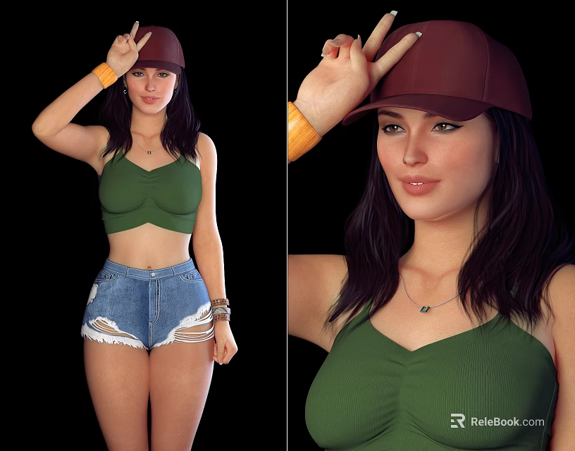 Woman in Green Tank Top Blue Distressed Denim Shorts with Brown Cap Making Peace Sign 3d model 
