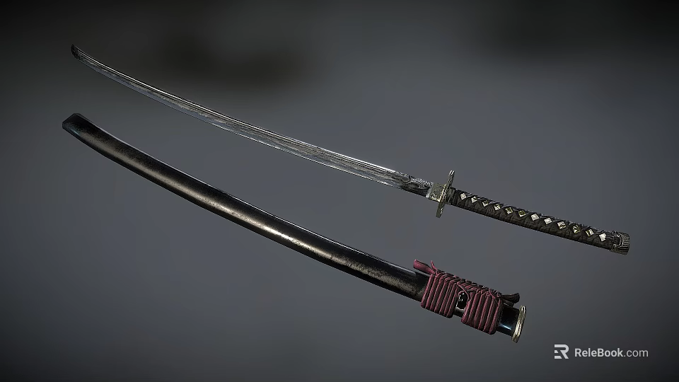 Traditional Japanese Katana Sword With Sharp Blade Black Sheath And Red Wrapped Handle 3d model 