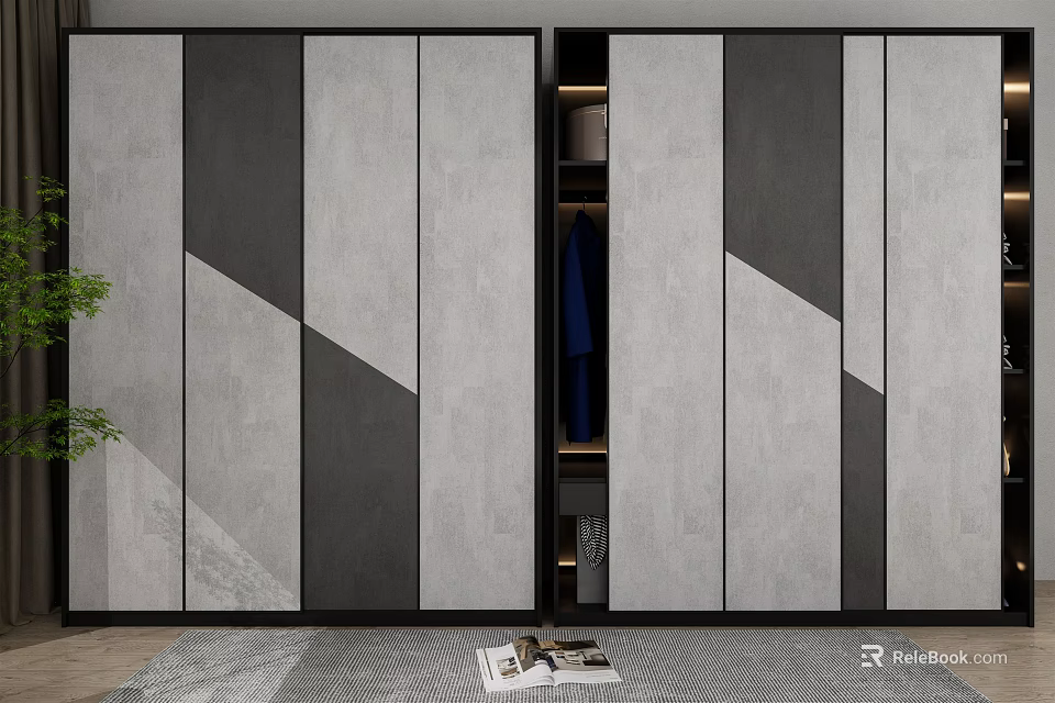 Modern Wardrobe With Sliding Doors Gray Black Panel Design And Built In Storage Shelves 3d model 