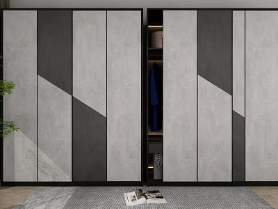 Modern Wardrobe With Sliding Doors Gray Black Panel Design And Built In Storage Shelves 3d model