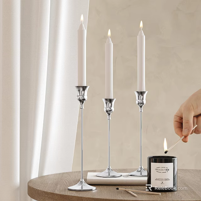 Elegant Decorative Ornament Set With Silver Candle Holders White Candles And Lit Match 3d model 