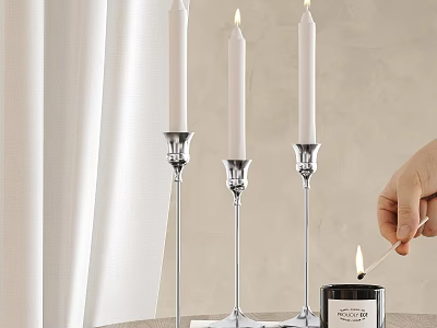 Elegant Decorative Ornament Set With Silver Candle Holders White Candles And Lit Match 3d model