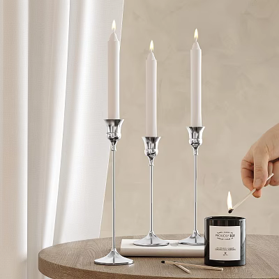 Elegant Decorative Ornament Set With Silver Candle Holders White Candles And Lit Match 3d model