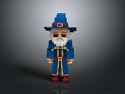 Pixel Style Man In Blue Wizard Hat White Beard Sunglasses Blue Robe Red Boots 3d model