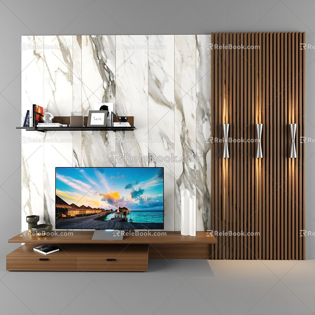 Modern TV background wall suit decoration TV books 3d model