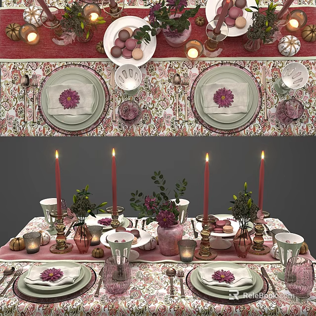 Elegant Tableware Set With Floral Decor Candles And Napkins On Dinner Table 3d model