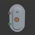 Modern White Oval Gate With Red Circular Decoration And Blue Hinges Design
