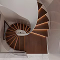 Modern Spiral Staircase With Wooden Steps Green Plant Wall Painting And Marble Floor