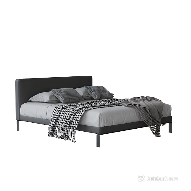 Double Bed Featuring Dark Headboard Light Mattress Pillows and Checkered Gray Blankets 3d model