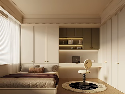Cozy Tatami Bedroom Interior With Tatami Bed White Wardrobes Desk Blinds And Wooden Floor 3d model
