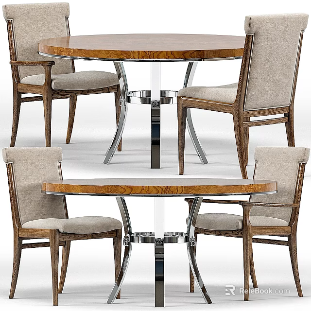 Stylish Round Wooden Table And Beige Upholstered Chair Set With Chrome Base 3d model 