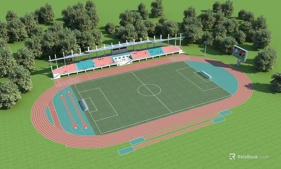 Football Field With Red Track Surrounding Blue And Red Stands Trees And Scoreboard 3d model 