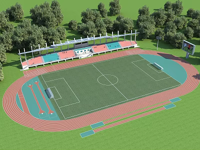 Football Field With Red Track Surrounding Blue And Red Stands Trees And Scoreboard 3d model