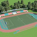 Football Field With Red Track Surrounding Blue And Red Stands Trees And Scoreboard