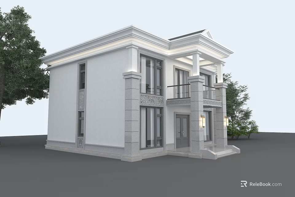 Modern Detached Villa Exterior With White Walls Gray Accents Balcony Porch And Greenery 3d model 