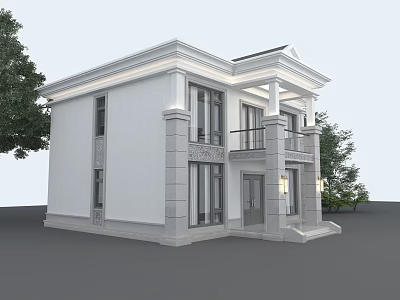 Modern Detached Villa Exterior With White Walls Gray Accents Balcony Porch And Greenery 3d model