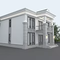 Modern Detached Villa Exterior With White Walls Gray Accents Balcony Porch And Greenery