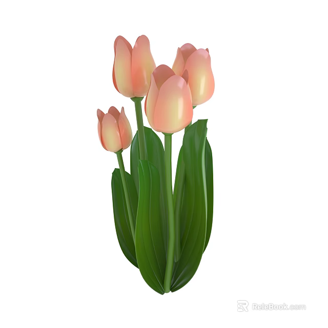 Pink Tulips With Fresh Green Leaves And Blooming Petals In Bouquet 3d model 
