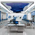School Modern Computer Lab With Starry Sky Ceiling Neat Computer Desks Bright Learning Space 3d model