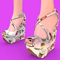 Women's Floral Pattern Wedge Heel Sandals With Cross Straps And Intricate Print Design