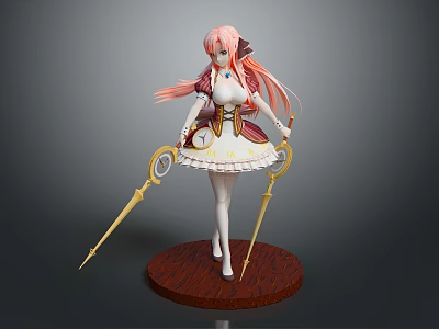 Game Movie Character Pink Long Hair White Brown Dress Golden Staffs Standing On Brown Base 3d model