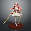 Game Movie Character Pink Long Hair White Brown Dress Golden Staffs Standing On Brown Base