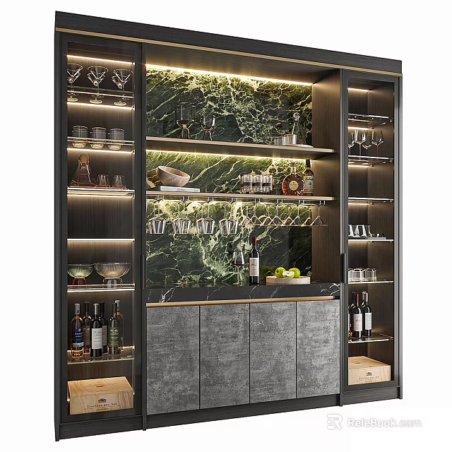Modern Wine Cabinet with Marble Back Panel Glass Doors Wine Glass Holders and LED Lighting 3d model 