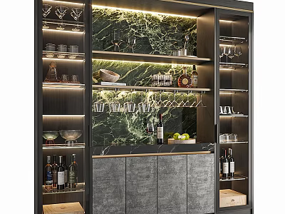 Modern Wine Cabinet with Marble Back Panel Glass Doors Wine Glass Holders and LED Lighting 3d model