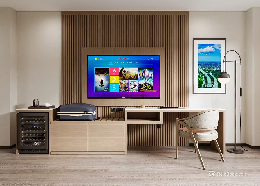 Hotel Room Interior With Wooden Panel Wall Large Screen TV Desk Chair And Landscape Painting 3d model 