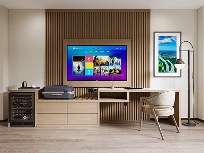 Hotel Room Interior With Wooden Panel Wall Large Screen TV Desk Chair And Landscape Painting 3d model