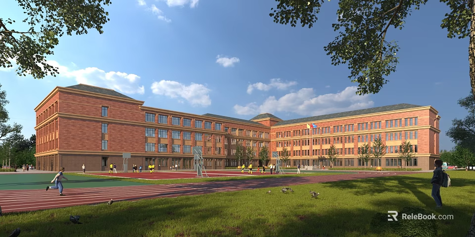 Red Brick School Building Featuring Multistory Windows Playground Trees Blue Sky And White Clouds 3d model 