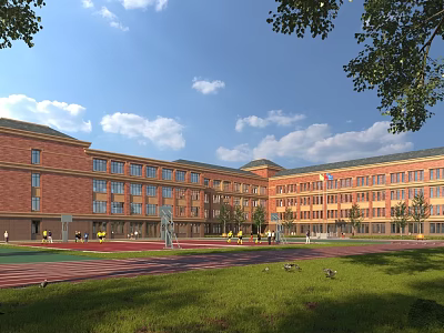 Red Brick School Building Featuring Multistory Windows Playground Trees Blue Sky And White Clouds 3d model