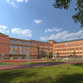Red Brick School Building Featuring Multistory Windows Playground Trees Blue Sky And White Clouds