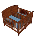 Wooden Baby Crib with Dark Brown Finish Curved Headboard and Blue Mattress