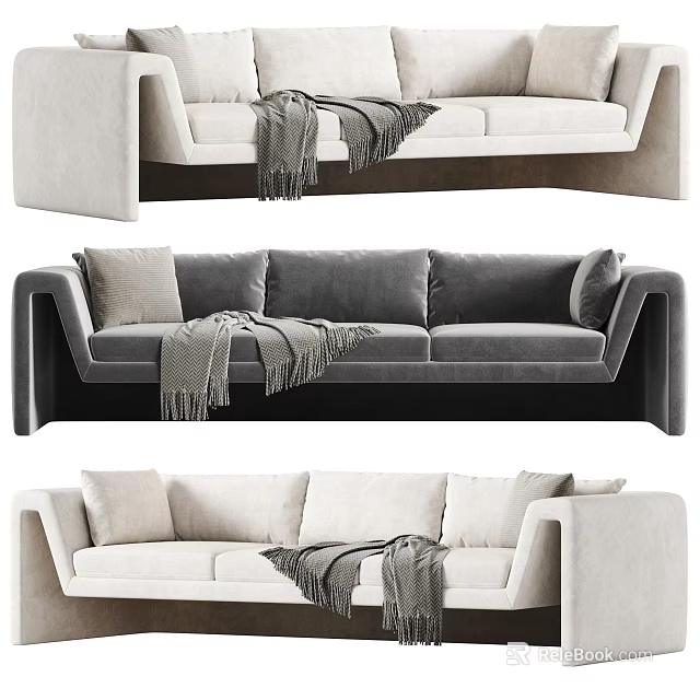 Modern Three Seater Velvet Sofa in Gray and Beige with Throw Blanket and Pillows 3d model 