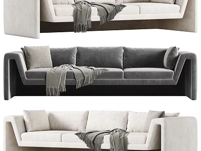 Modern Three Seater Velvet Sofa in Gray and Beige with Throw Blanket and Pillows 3d model
