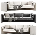 Modern Three Seater Velvet Sofa in Gray and Beige with Throw Blanket and Pillows