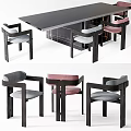 Modern Dining Table Set With Black Table And Gray And Pink Upholstered Black Frame Chairs