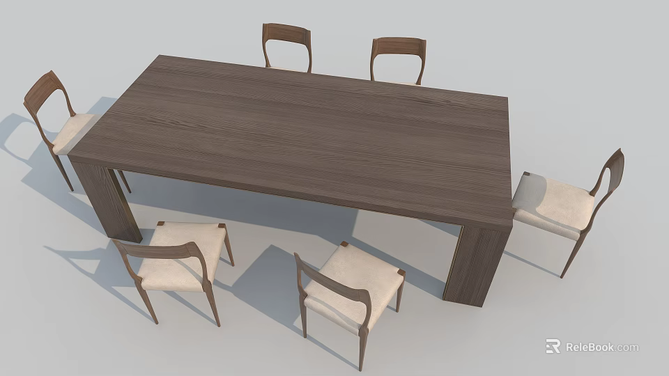 Simple Modern Wooden Dining Table Set With Long Table And Light Colored Cushioned Chairs 3d model