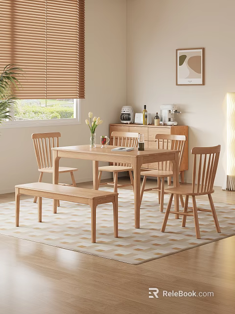 Cozy Home Dining Room Wooden Table Chairs Set With Bench Vase Flowers And Window Blinds 3d model 